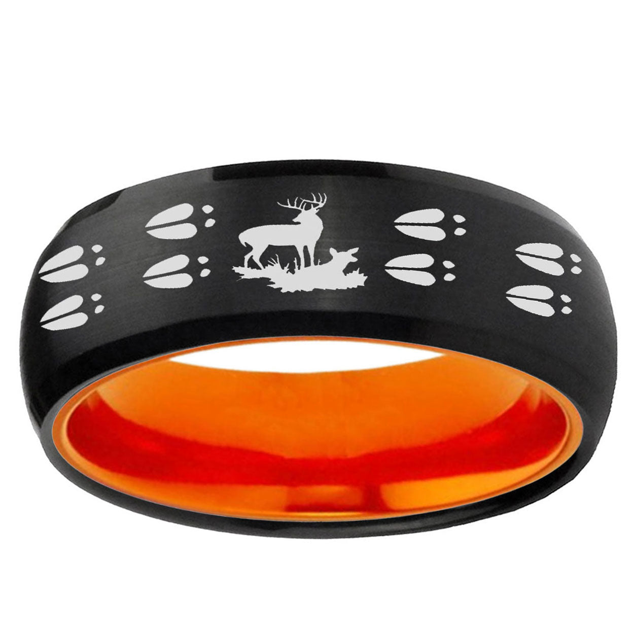 Deer Hunting Tracks Dome Black And Orange Tungsten Ring