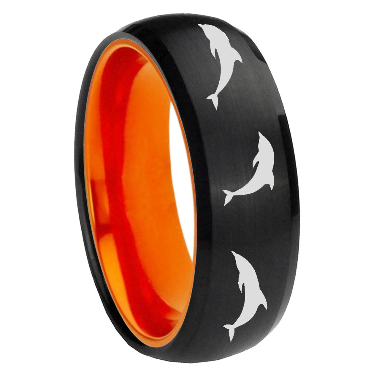 8mm Dolphins Dome Black And Orange Tungsten Personalized Ring