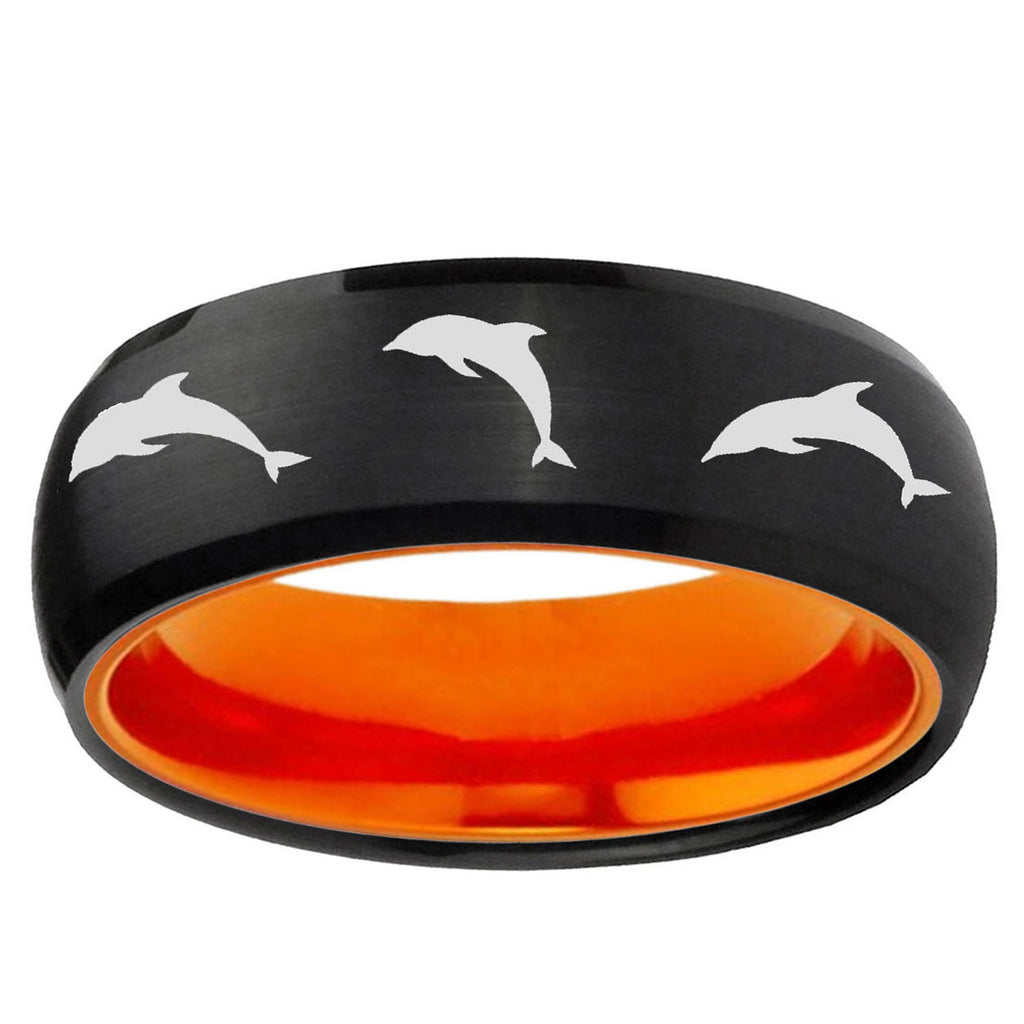 Dolphins Dome Black And Orange Tungsten Personalized Ring