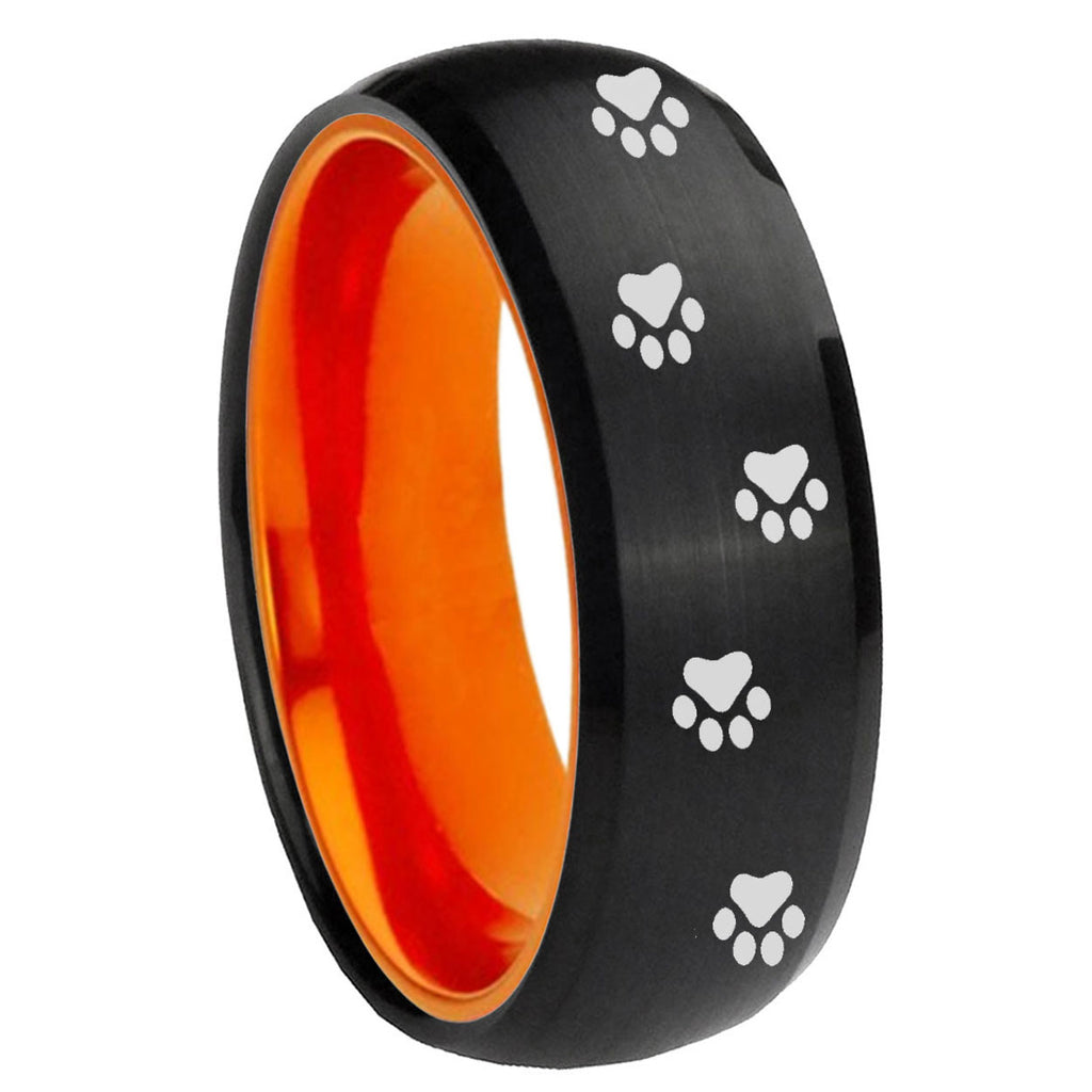 8mm Paw Print Dome Black And Orange Tungsten Promise Ring