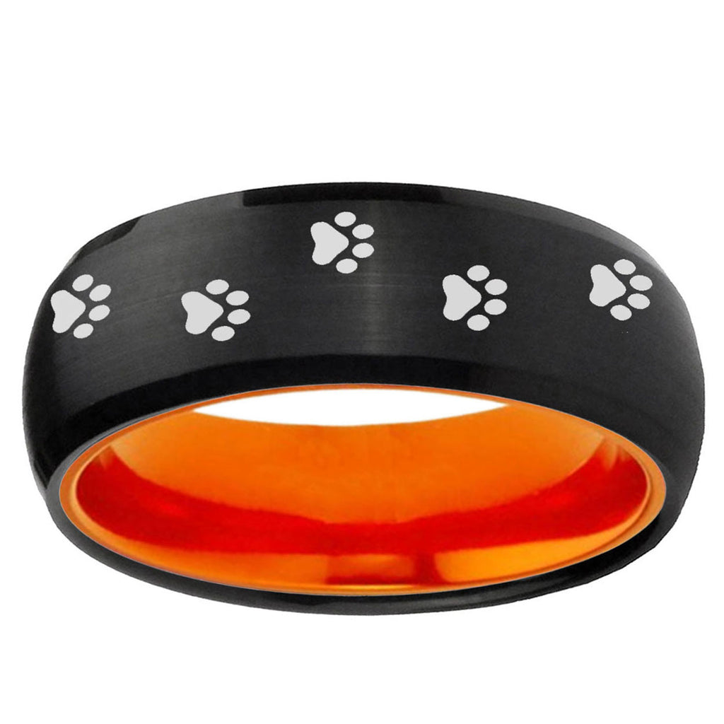 Paw Print Dome Black And Orange Tungsten Promise Ring