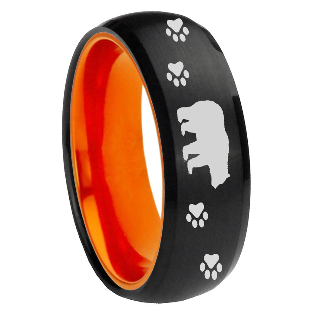 8mm Bear and Paw Dome Black And Orange Tungsten Ring for Men
