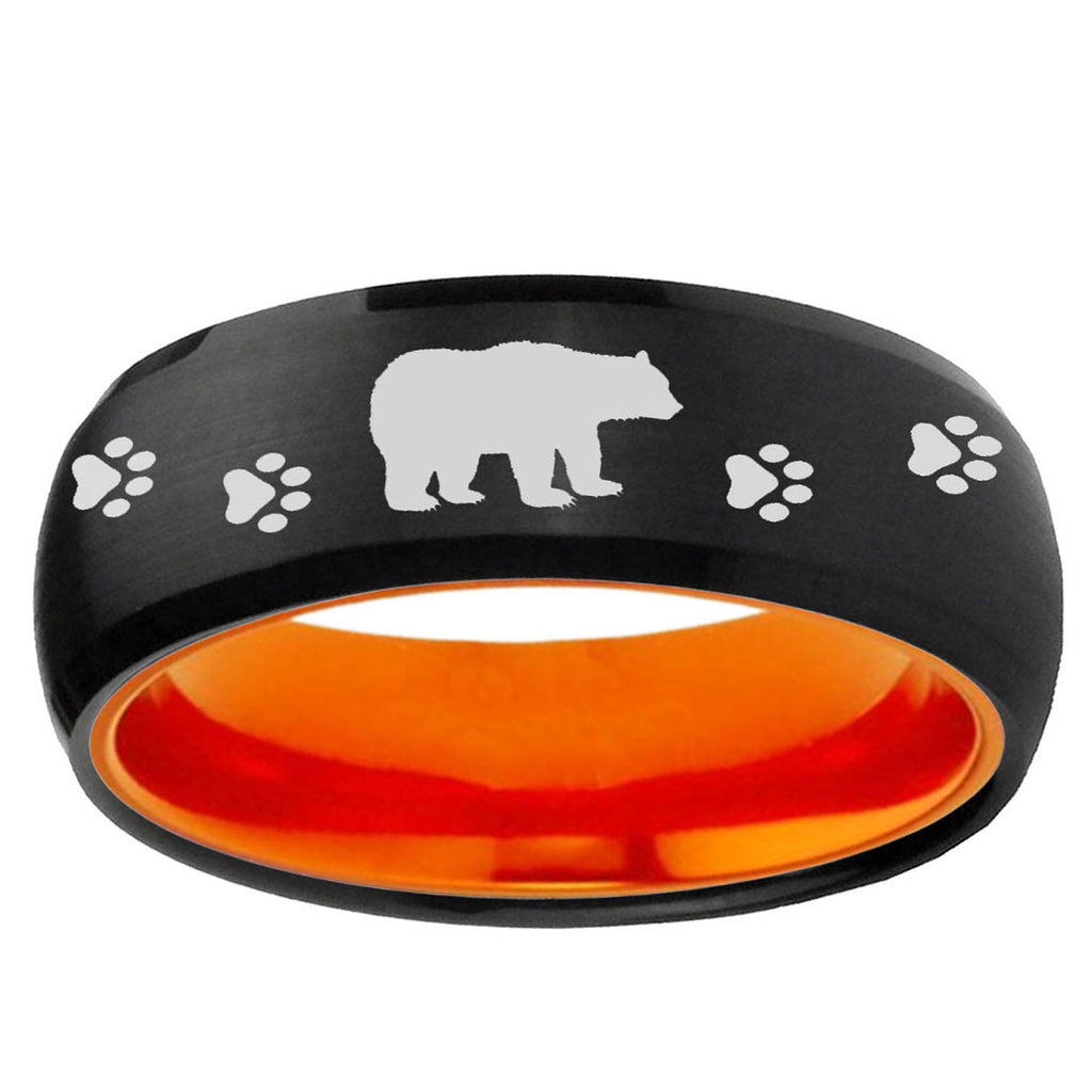 Bear and Paw Dome Black And Orange Tungsten Ring for Men