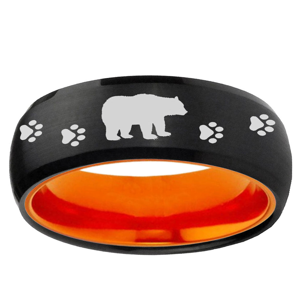 Bear and Paw Dome Black And Orange Tungsten Ring for Men
