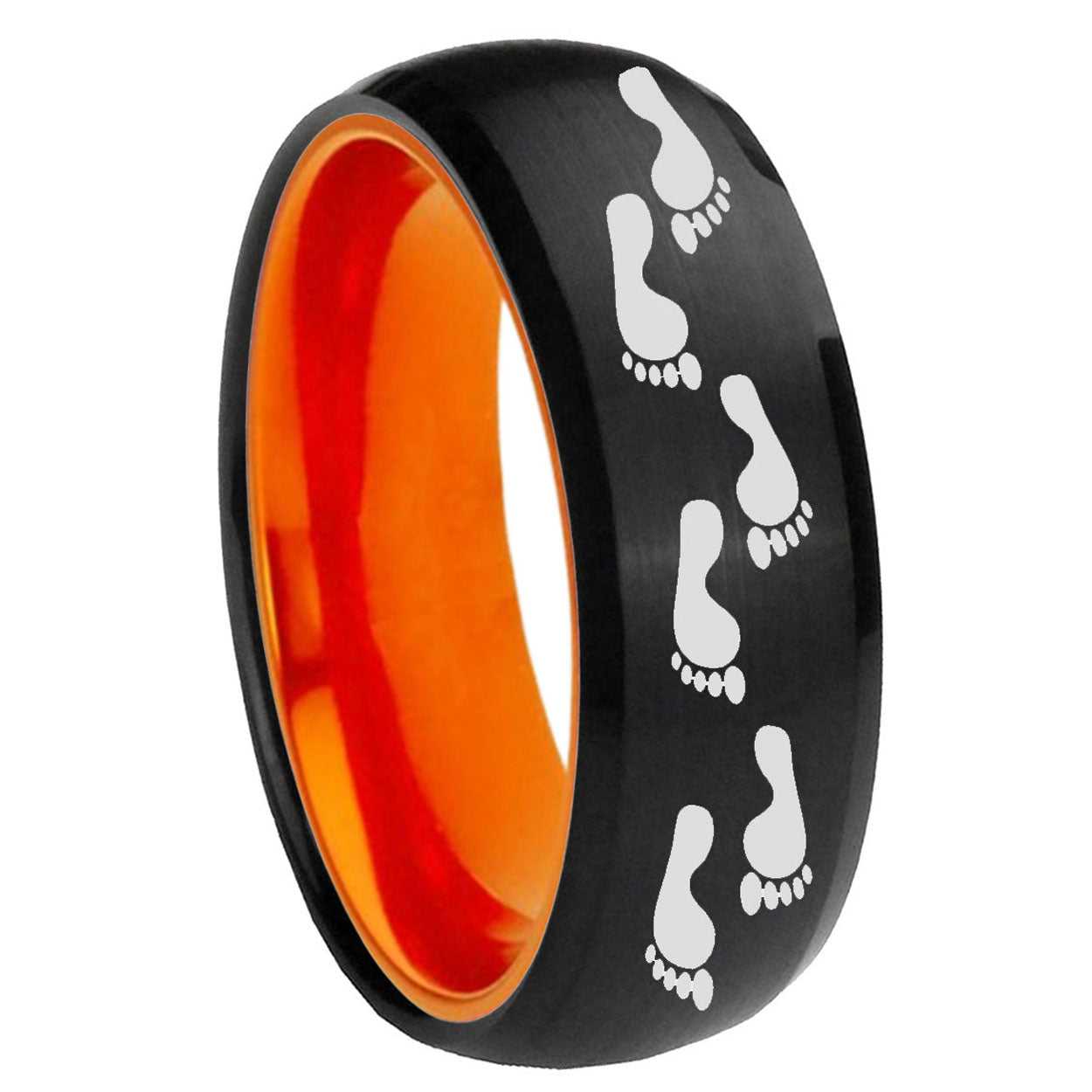 8mm Foot Print Dome Black And Orange Tungsten Wedding Band