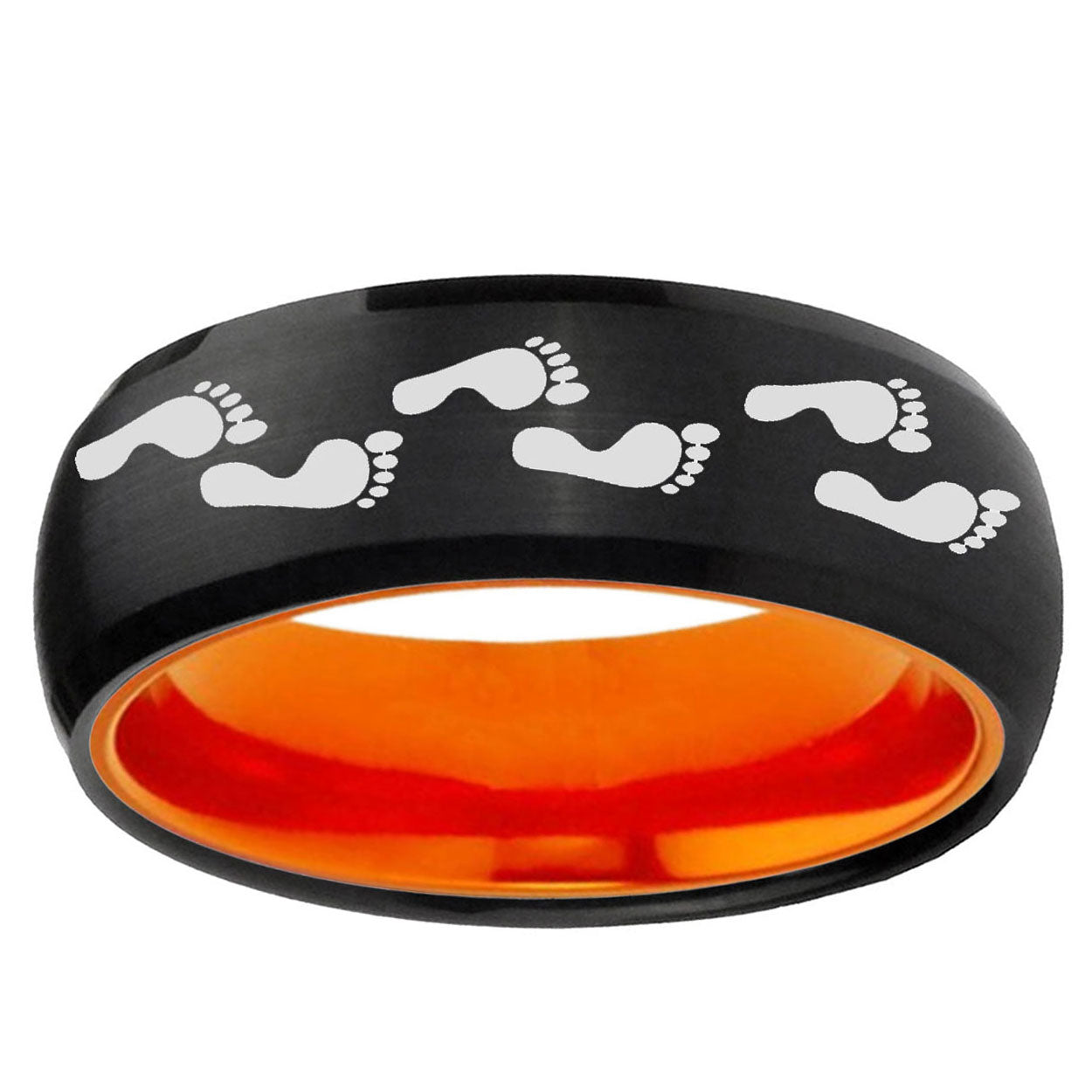 Foot Print Dome Black And Orange Tungsten Wedding Band
