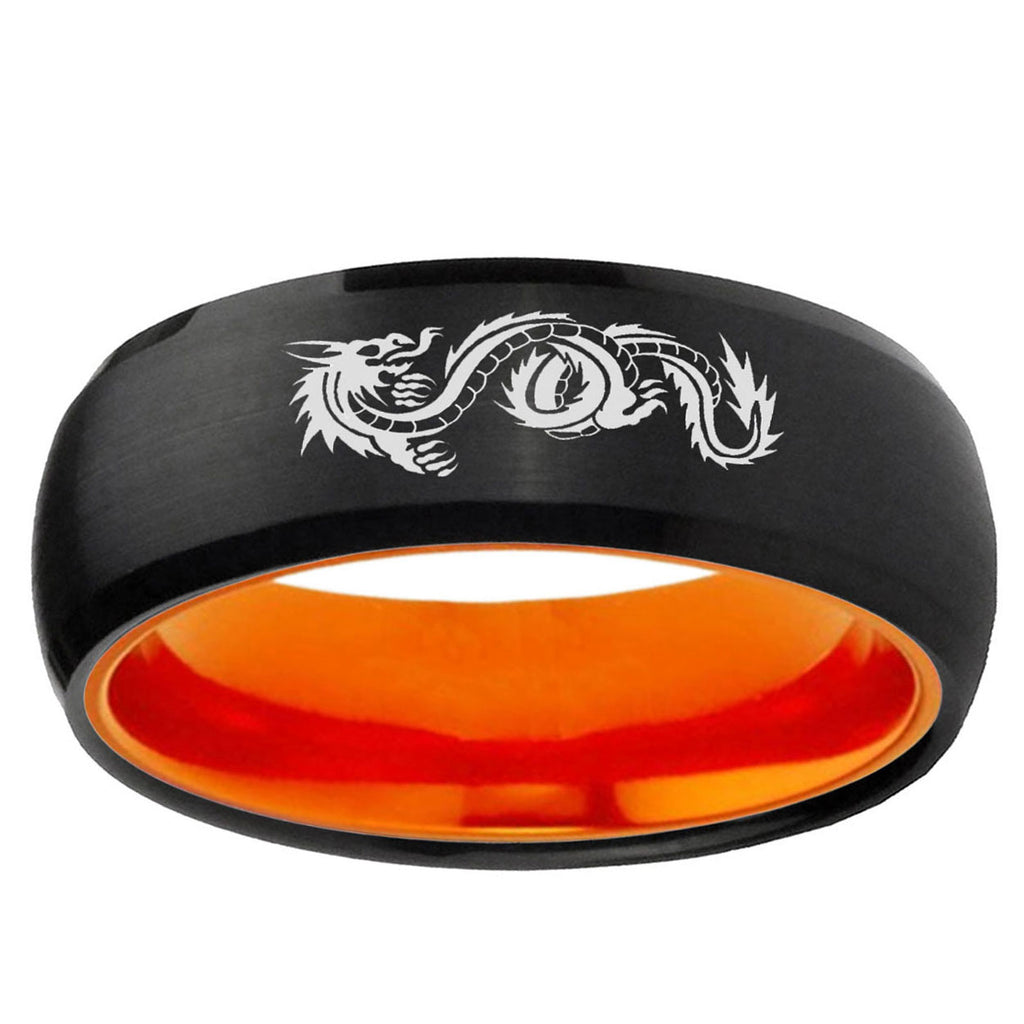 Dragon Dome Black And Orange Tungsten Engraving Ring