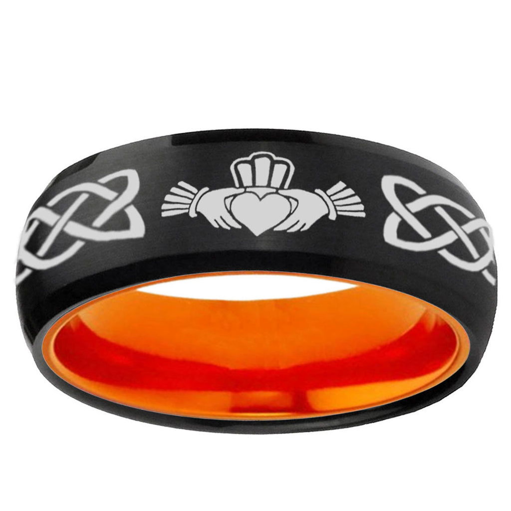 Irish Claddagh Dome Black And Orange Tungsten Wedding Band