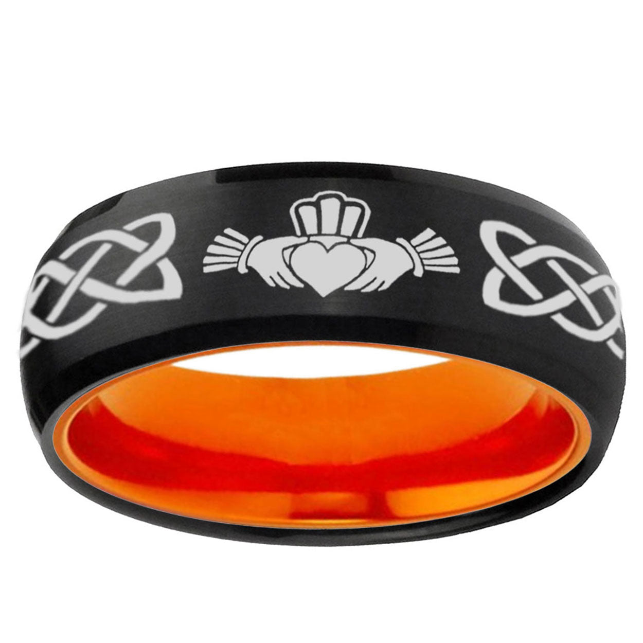 Irish Claddagh Dome Black And Orange Tungsten Wedding Band