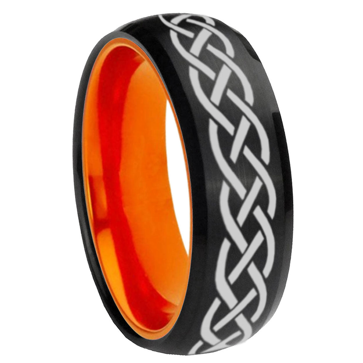 8mm Celtic Knot Dome Black And Orange Tungsten Mens Ring