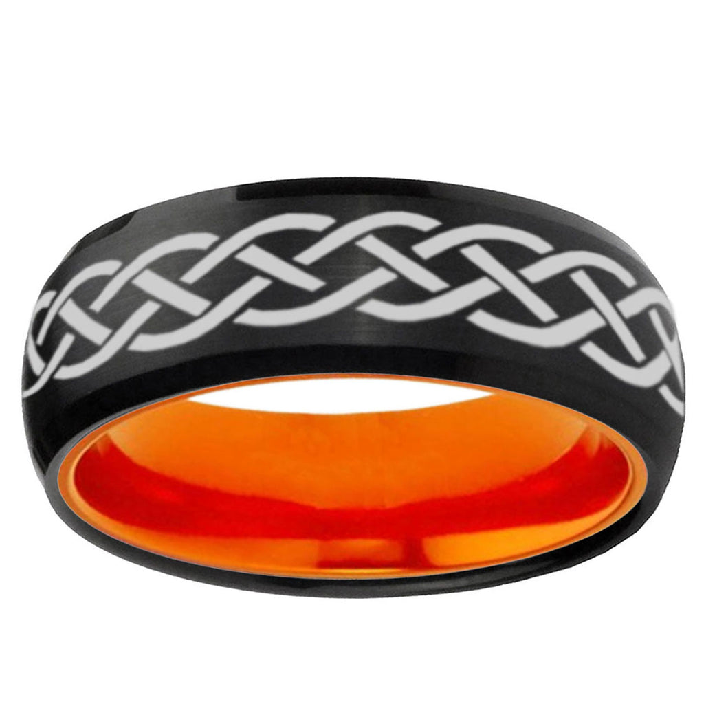 Celtic Knot Dome Black And Orange Tungsten Mens Ring