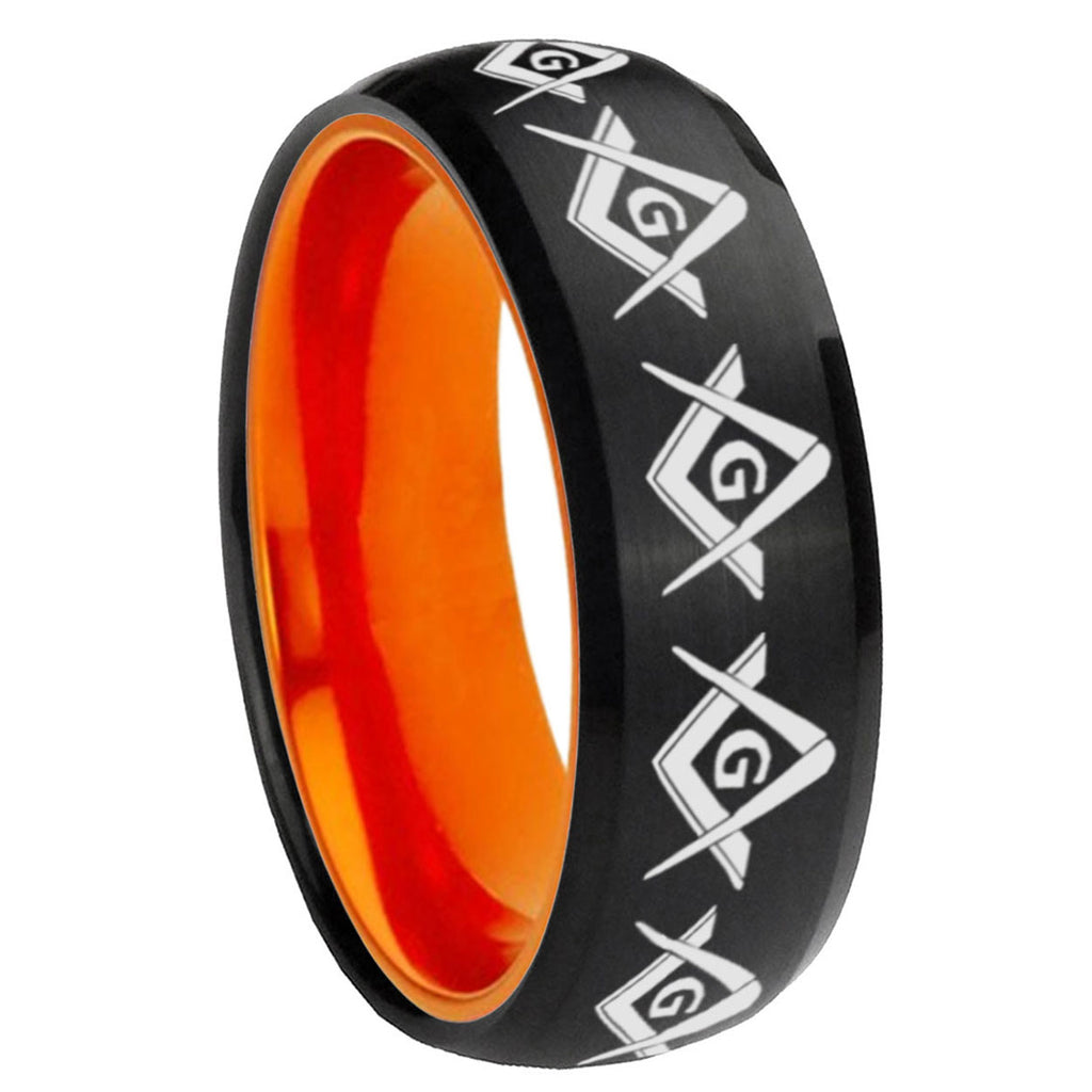 8mm Masonic Square Compass Dome Black Orange Tungsten Band