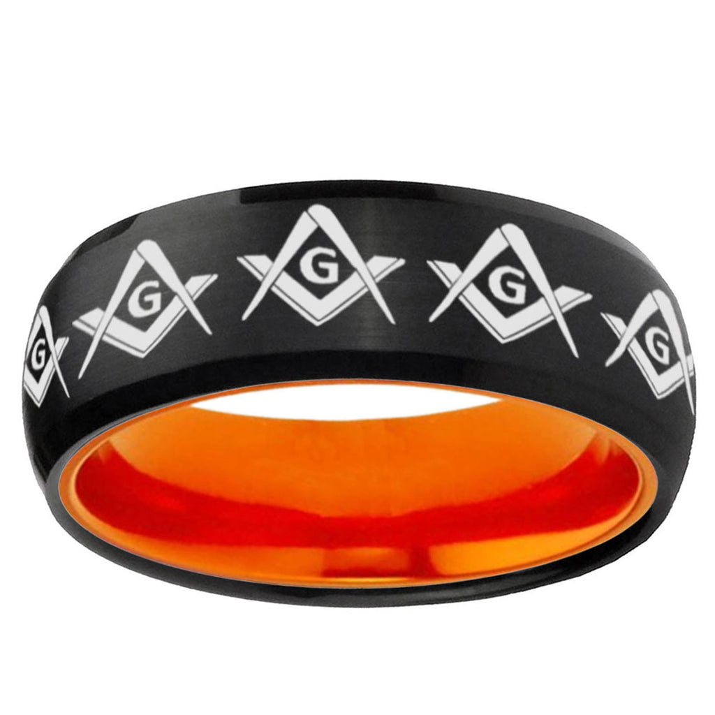 Masonic Square Compass Dome Black Orange Tungsten Band