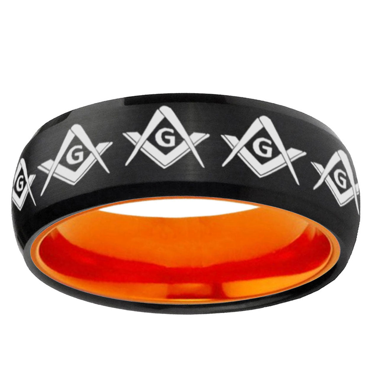 Masonic Square Compass Dome Black Orange Tungsten Band