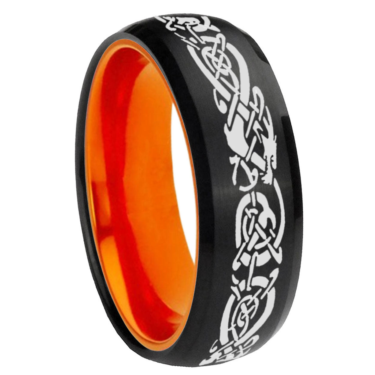 8mm Celtic Dragon Dome Black And Orange Tungsten Mens Ring