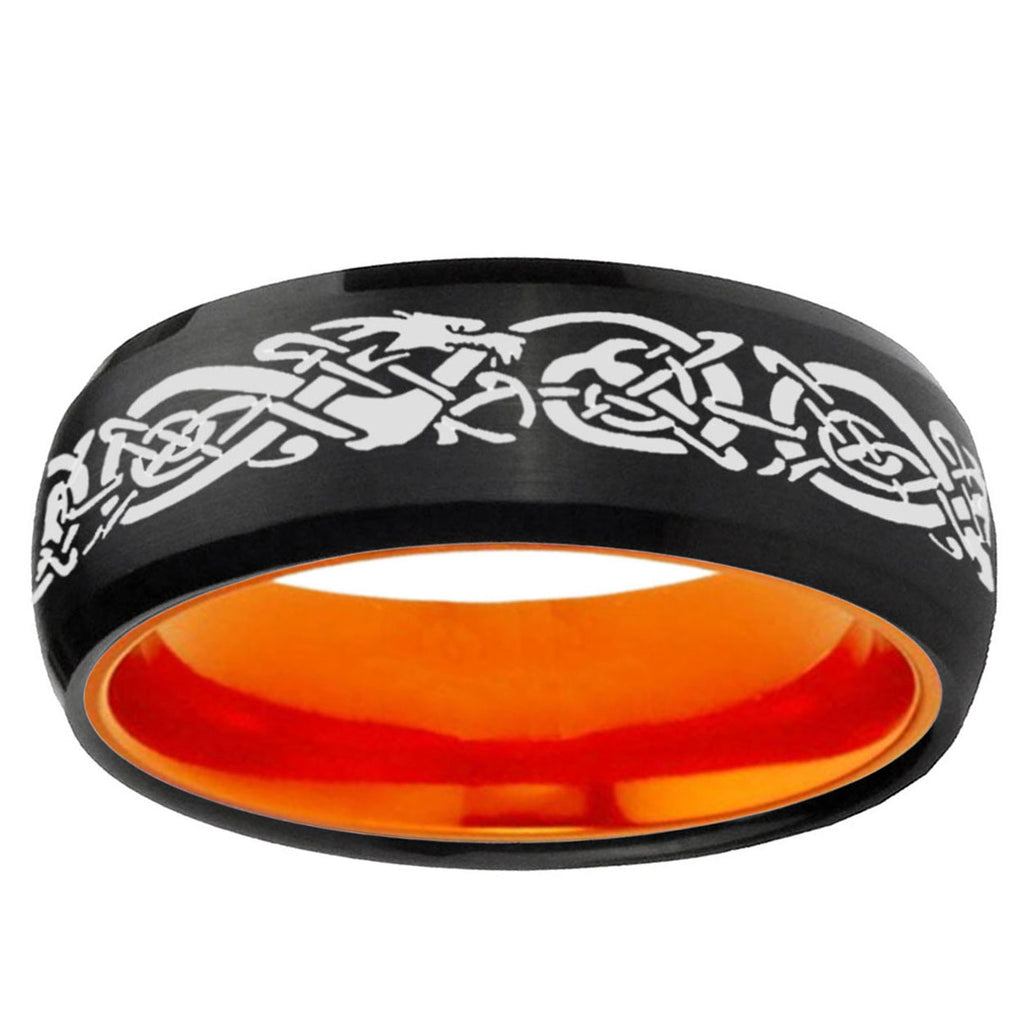 Celtic Dragon Dome Black And Orange Tungsten Mens Ring