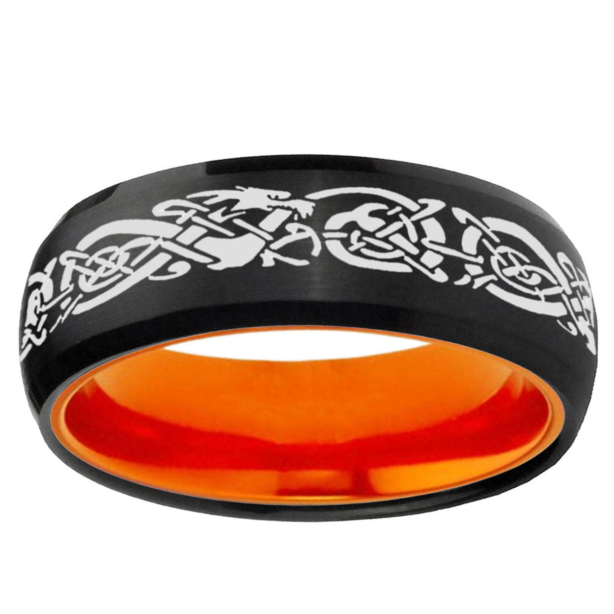Celtic Dragon Dome Black And Orange Tungsten Mens Ring
