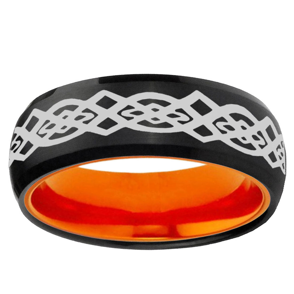 Celtic Knot Dome Black And Orange Tungsten Wedding Band