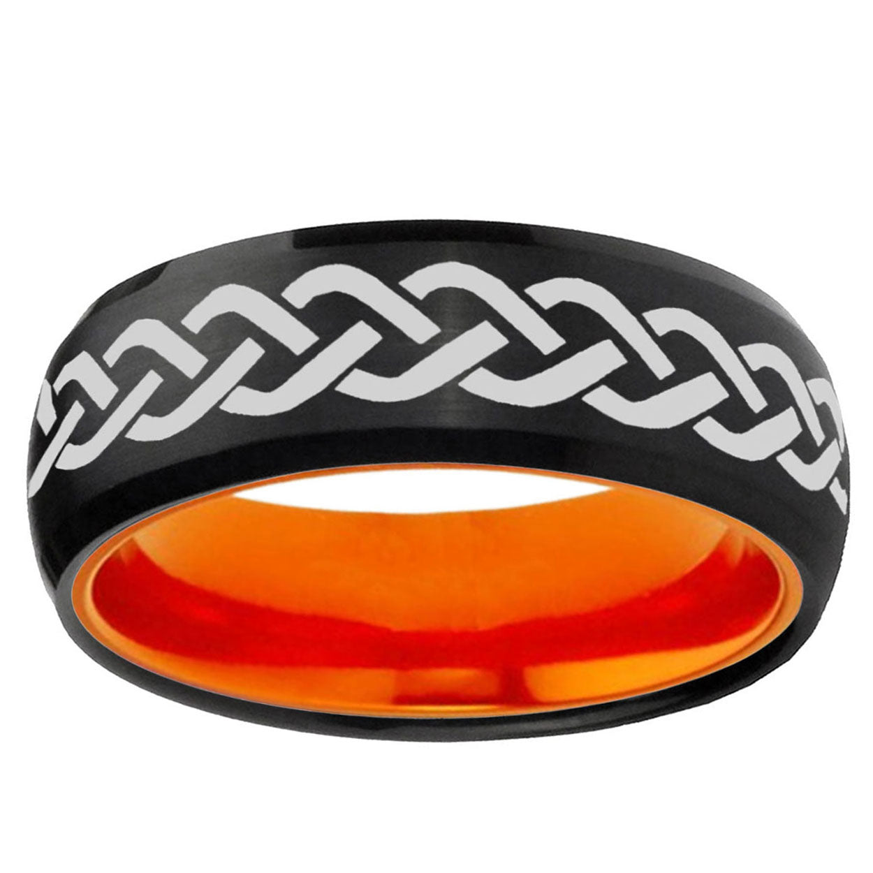 Laser Celtic Knot Dome Black Orange Tungsten Engraved Band
