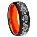 8mm Celtic Knot Heart Dome Black And Orange Tungsten Mens Ring