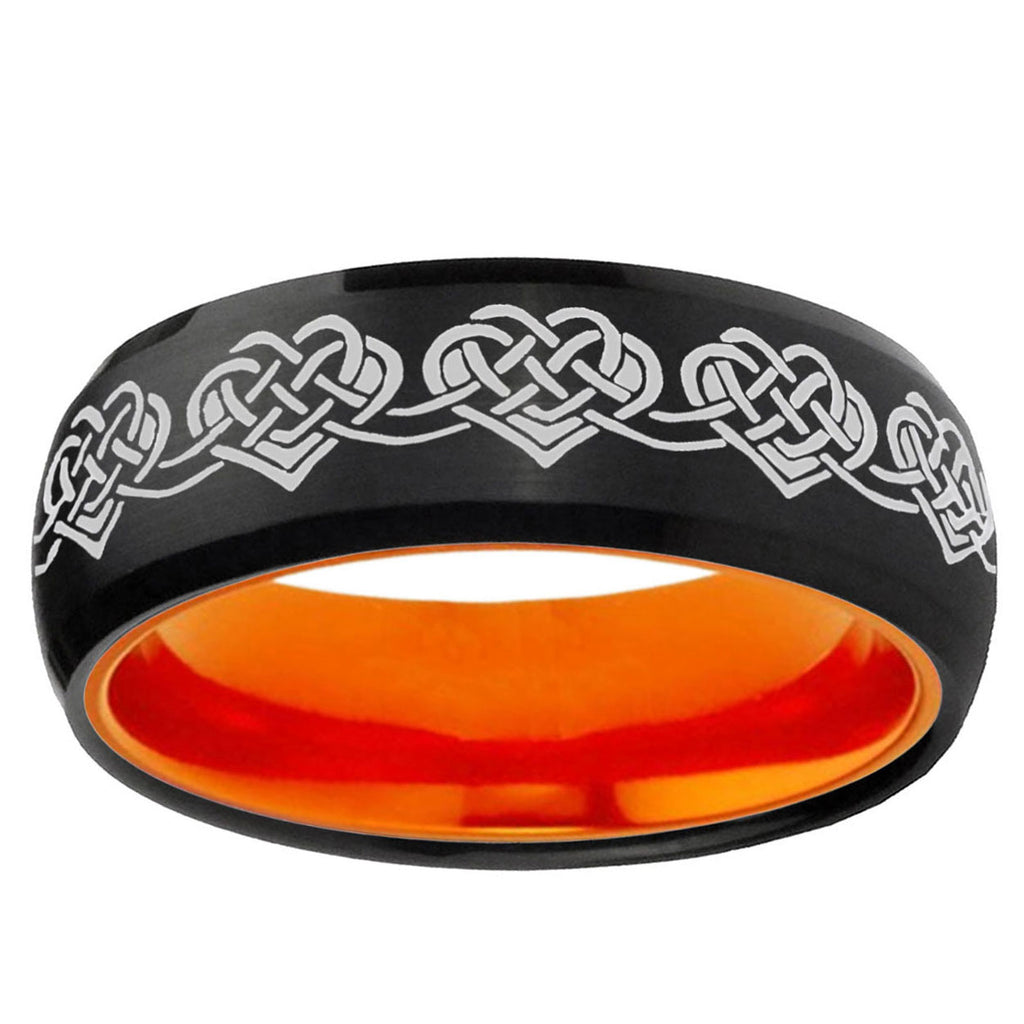 Celtic Knot Heart Dome Black And Orange Tungsten Mens Ring
