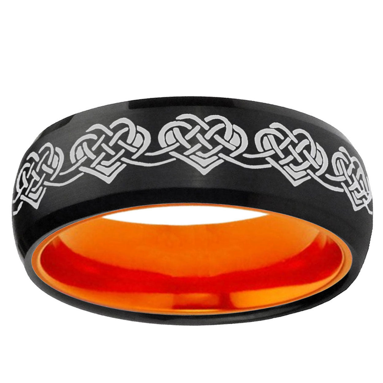 Celtic Knot Heart Dome Black And Orange Tungsten Mens Ring
