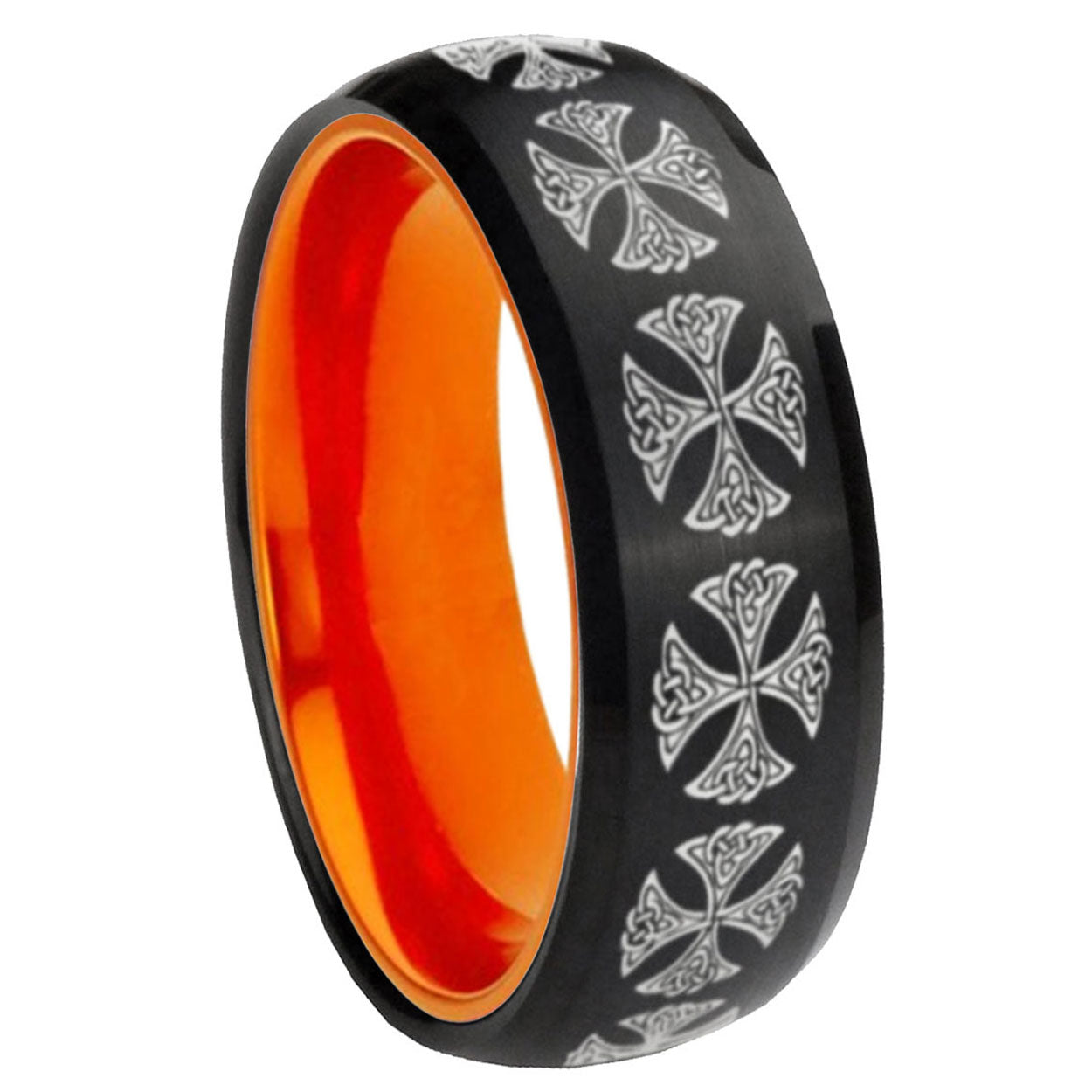 8mm Medieval Cross Dome Black And Orange Tungsten Men's Band