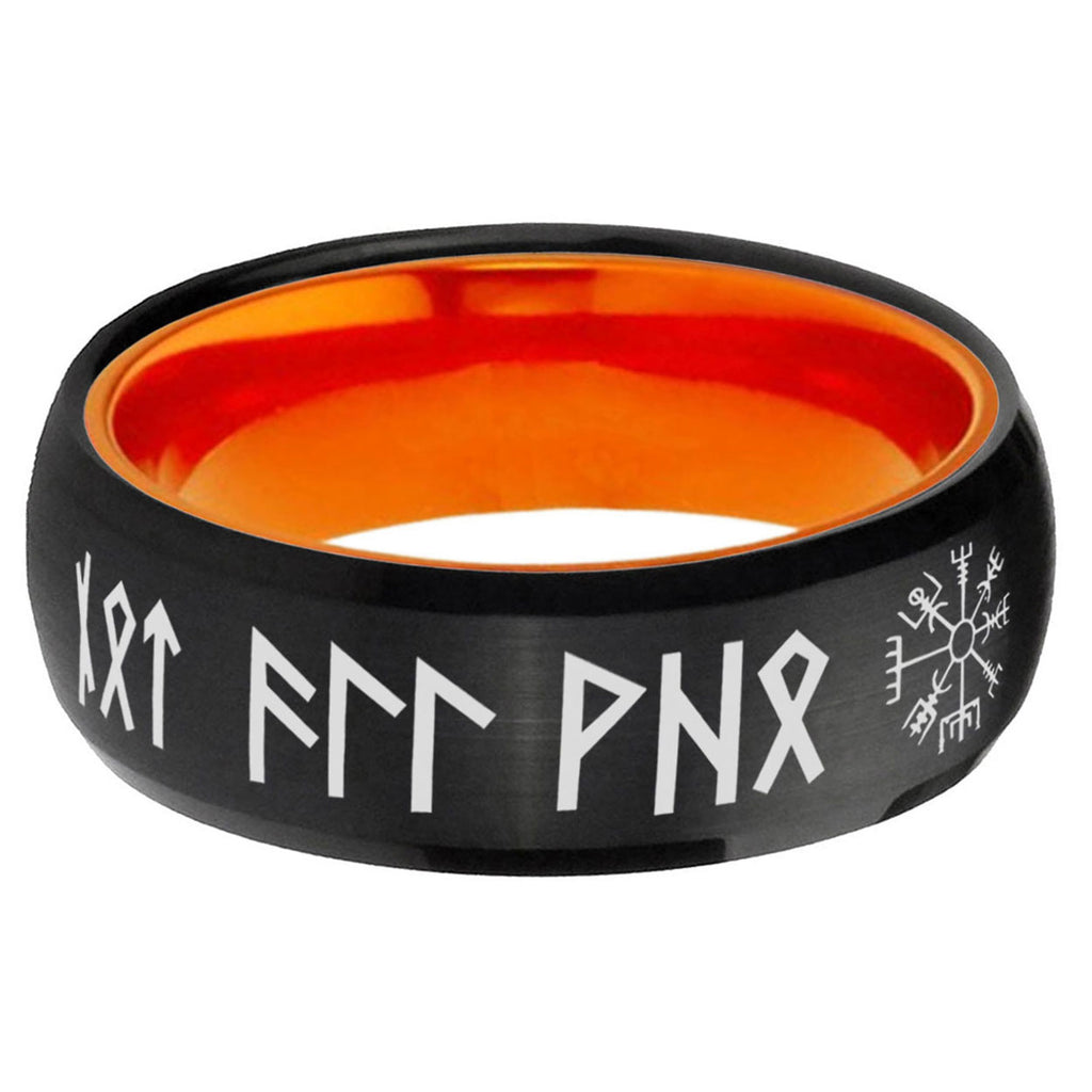 Viking Dome Black Orange Mens Tungsten Ring