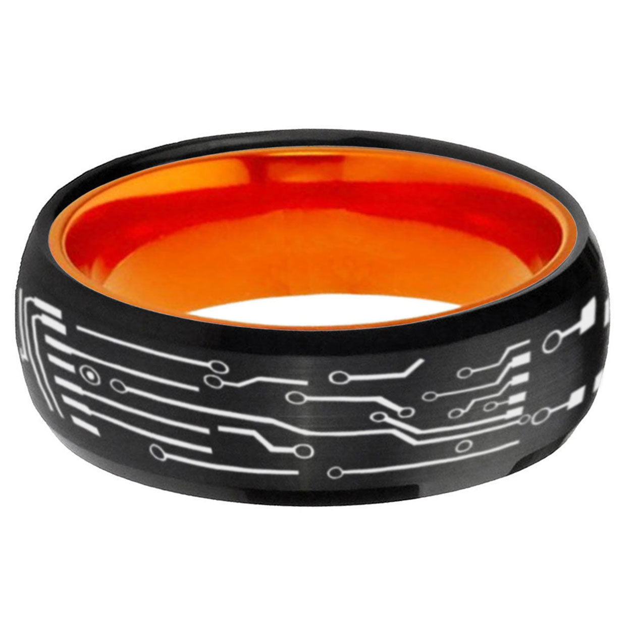 Circuit Board Dome Black Orange Mens Tungsten Ring