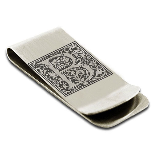 Stainless-Steel-Money-Clip-for-Men,-Floral-Initial-Letter-B,-Monogram-Wallet-Cash-Card-Holder
