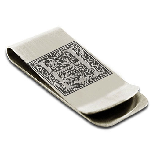 Stainless-Steel-Money-Clip-for-Men,-Floral-Initial-Letter-H,-Monogram-Wallet-Cash-Card-Holder
