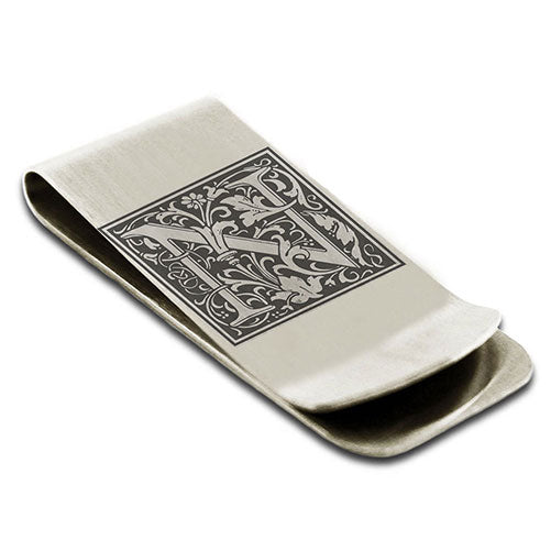 Stainless-Steel-Money-Clip-for-Men,-Floral-Initial-Letter-N,-Monogram-Wallet-Cash-Card-Holder