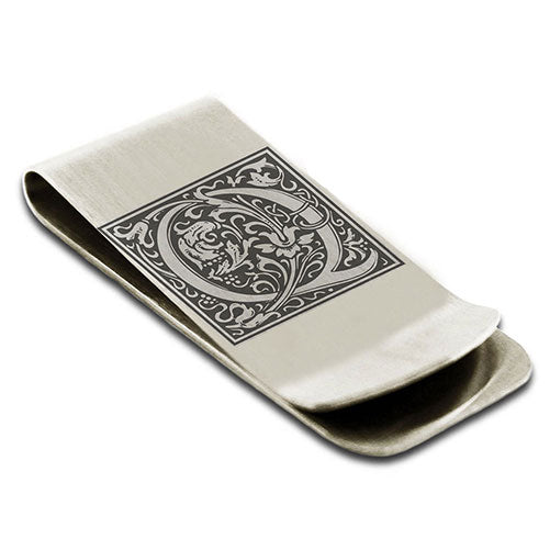 Stainless-Steel-Money-Clip-for-Men,-Floral-Initial-Letter-Q,-Monogram-Wallet-Cash-Card-Holder