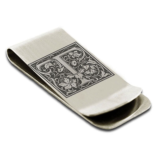 Stainless-Steel-Money-Clip-for-Men,-Floral-Initial-Letter-T,-Monogram-Wallet-Cash-Card-Holder