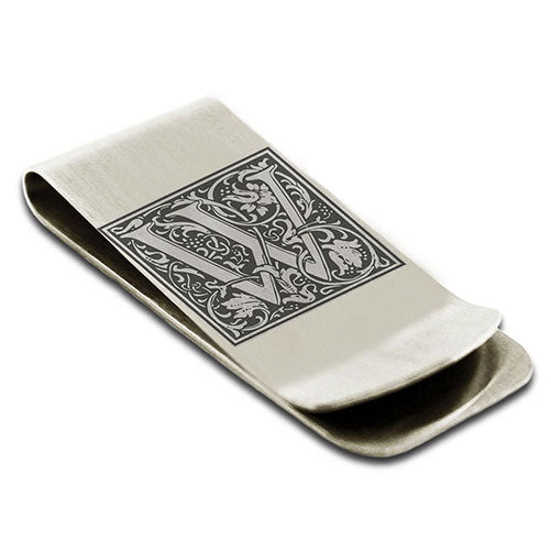 Stainless-Steel-Money-Clip-for-Men,-Floral-Initial-Letter-W,-Monogram-Wallet-Cash-Card-Holder