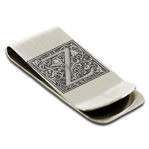Stainless-Steel-Money-Clip-for-Men,-Floral-Initial-Letter-Z,-Monogram-Wallet-Cash-Card-Holder
