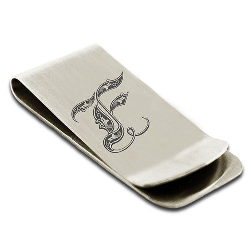 Stainless-Steel-Money-Clip-for-Men,-Royal-Font-Initial-F,-Monogram-Wallet-Cash-Card-Holder