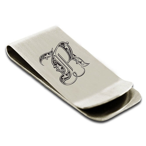Stainless-Steel-Money-Clip-for-Men,-Royal-Font-Initial-R,-Monogram-Wallet-Cash-Card-Holder