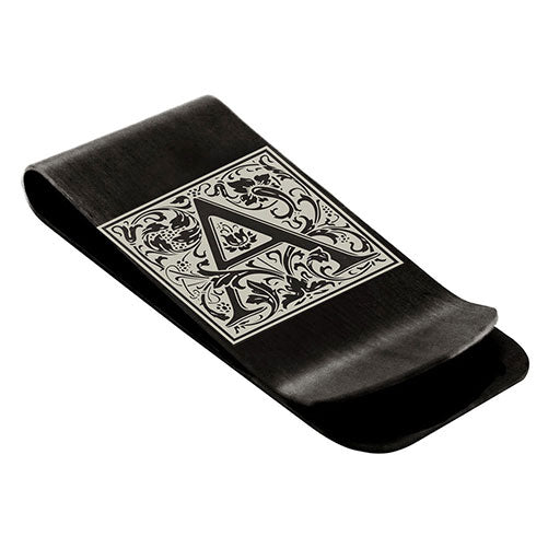 Stainless-Steel-Money-Clip-for-Men,-Floral-Initial-Letter-A,-Monogram-Wallet-Cash-Card-Holder