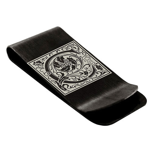 Stainless-Steel-Money-Clip-for-Men,-Floral-Initial-Letter-C,-Monogram-Wallet-Cash-Card-Holder