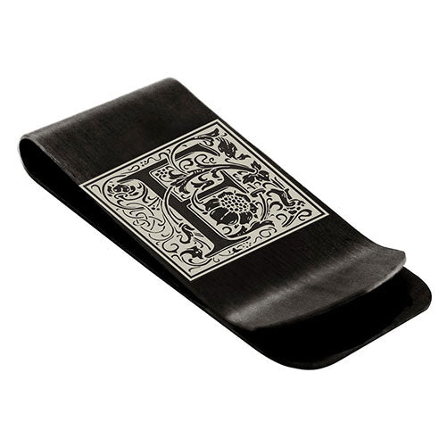 Stainless-Steel-Money-Clip-for-Men,-Floral-Initial-Letter-F,-Monogram-Wallet-Cash-Card-Holder