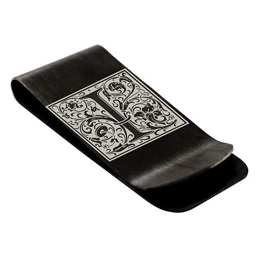 Stainless-Steel-Money-Clip-for-Men,-Floral-Initial-Letter-I,-Monogram-Wallet-Cash-Card-Holder