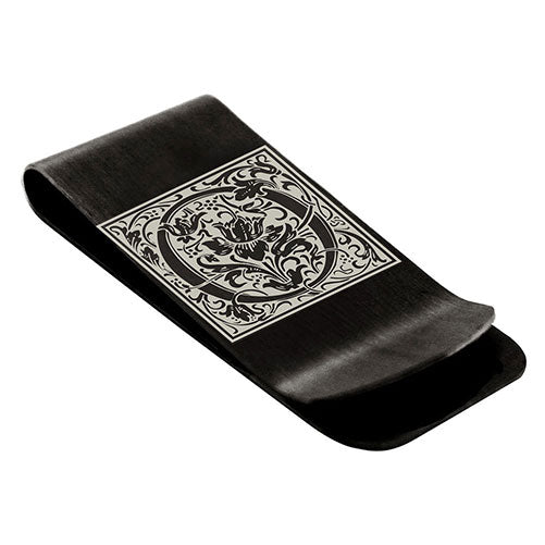 Stainless-Steel-Money-Clip-for-Men,-Floral-Initial-Letter-O,-Monogram-Wallet-Cash-Card-Holder