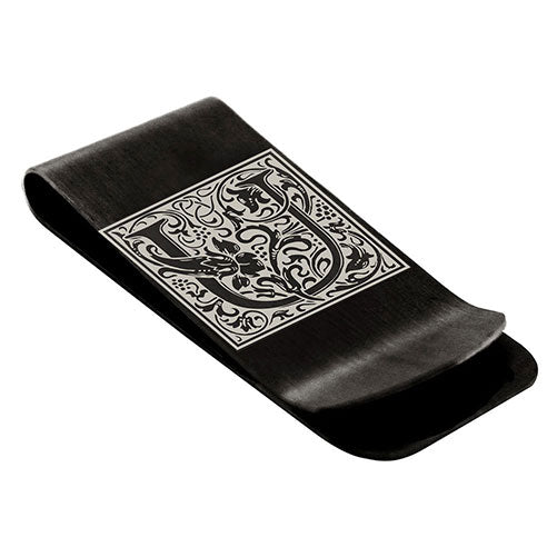 Stainless-Steel-Money-Clip-for-Men,-Floral-Initial-Letter-U,-Monogram-Wallet-Cash-Card-Holder
