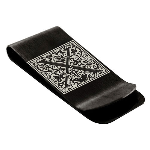 Stainless-Steel-Money-Clip-for-Men,-Floral-Initial-Letter-X,-Monogram-Wallet-Cash-Card-Holder