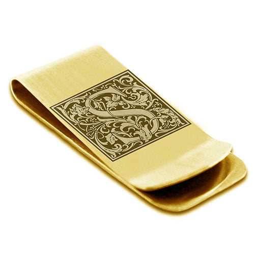 Stainless-Steel-Money-Clip-for-Men,-Floral-Initial-Letter-S,-Monogram-Wallet-Cash-Card-Holder