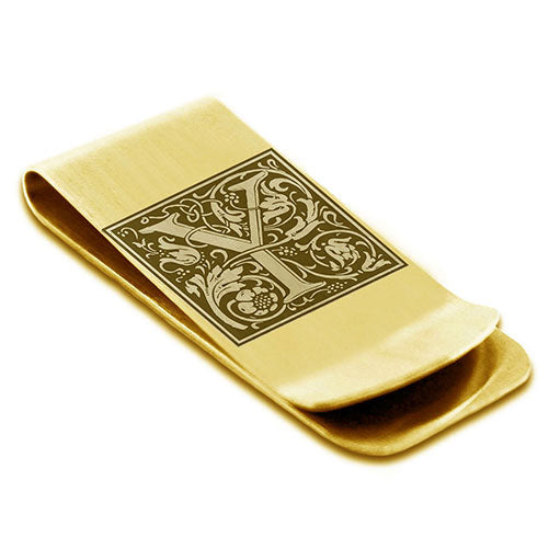 Stainless-Steel-Money-Clip-for-Men,-Floral-Initial-Letter-Y,-Monogram-Wallet-Cash-Card-Holder