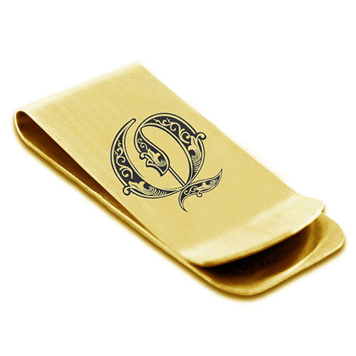 Stainless-Steel-Money-Clip-for-Men,-Royal-Font-Initial-Q,-Monogram-Wallet-Cash-Card-Holder