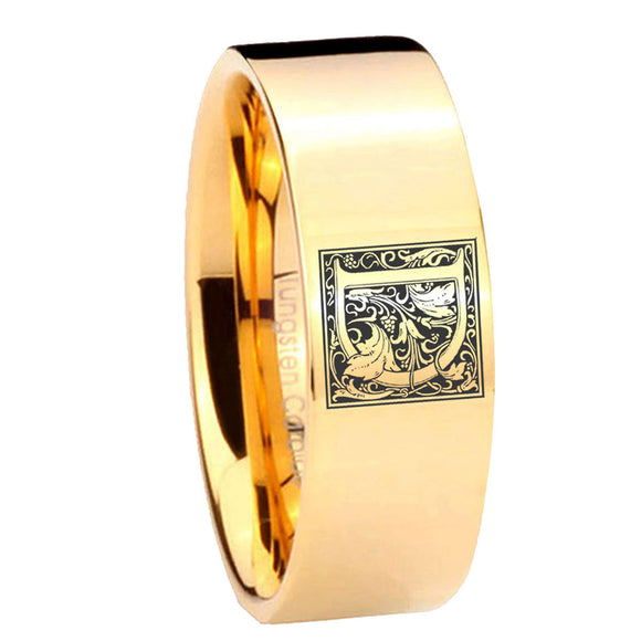 8mm-Pipe-Cut-Gold-Tungsten-Floral-Initial-Letter-D,-Monogram-Ring