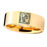 8mm-Pipe-Cut-Gold-Tungsten-Floral-Initial-Letter-D,-Monogram-Ring